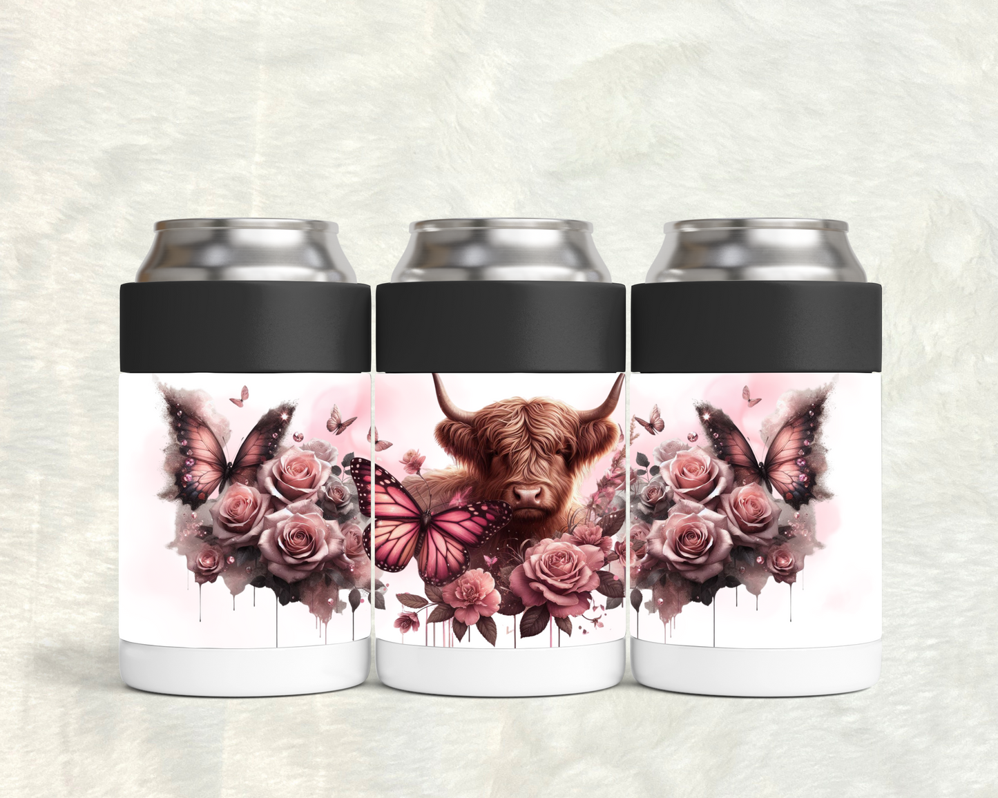 Pink Highland Cow Can Cooler
