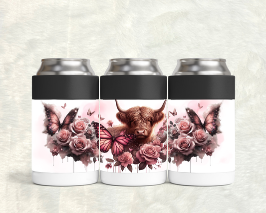 Pink Highland Cow Can Cooler